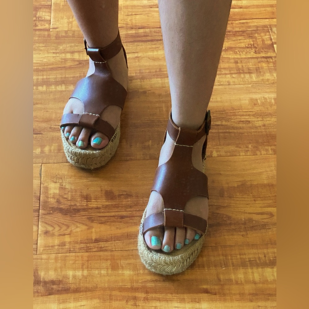 🌷Soludos Brown Leather Low Flatform Platform Espadrille Strap Sandal size 5.5